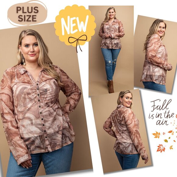 NEW Sheer Cream Mocha Swirl Button Down Ruched Long Sleeve Blouse Top PLUS SIZE - Picture 1 of 8